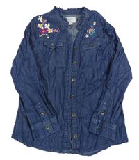 Tmavomodrá halenka riflového vzhledu s výšivkami květin Cherokee