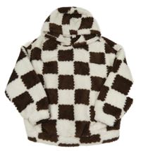 Hnedo-biela kockovaná chlpatá mikina s kapucňou Shein