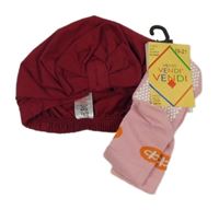 2set - Vínová bavlněná turbanová čepice s mašlí + růžové ponožky