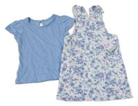 Nové - 2set - Bílé květované riflové laclové šaty + modré tričko Primark