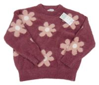 Nové - Vínový květovaný chlupatý svetr Primark