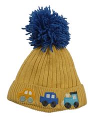 Okrová pletená čapica s autami a modrou brmbolcom zn. Next