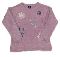 Lila chlpatý sveter s vločkami z flitrů Kiki&Koko