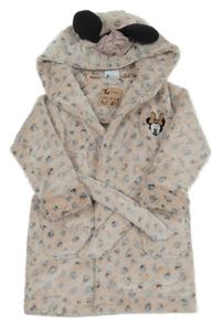 Světlerůžovo-šedý plyšový vzorovaný župan s Minnie a kapucí Tu