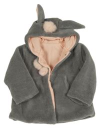 Šedý chlupatý podšitý kabátek s kapucí s ušima 