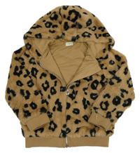 Hnědo-černá leopardí kožešinová podšitá bunda s kapucí F&F
