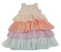 Růžovo-světlemodro-lila tylové vrstvené šaty s flitry H&M