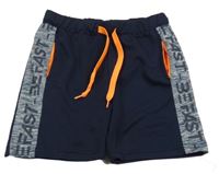 Tmavomodré športové kraťasy s pruhom s nápisom Topolino