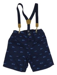 Tmavomodré plátenné kraťasy s rybkami a trakami H&M