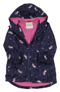 Tmavomodrá šusťáková podzimní parka s jednorožci a kapucí Matalan