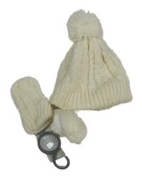 Nové - 2set - Bílá vzorovaná čepice s bambulí + rukavice Primark