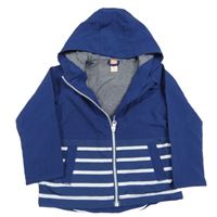 Tmavomodro-bílá šusťáková jarní bunda s pruhy a kapucí 