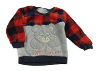 Tmavomodro-červeno-sivá plyšová mikina s medvedíkom