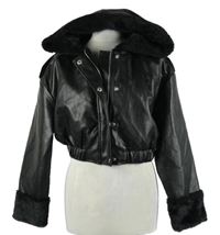 Dámska čierna koženková crop bunda s kapucňou Shein