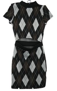 Dámske čierno-hnedo-biele kárované pletené šaty s prestrihom H&M