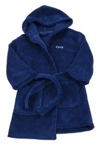 Tmavomodrý chlupatý župan s nápisem a kapucí 