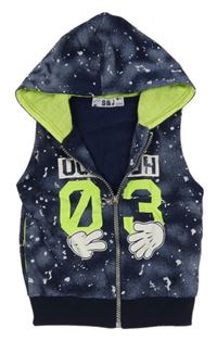 Tmavomodro-modrá tepláková prepínaci vesta s potlačou a kapucňou