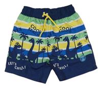 Tmavomodro-zeleno-žlté plážové kraťasy s dinosaurami Kiki&Koko