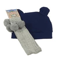 2set - Tmavomodrá bavlnená čapica s oušky + šedé melírované vzorované podkolenky s bambulemi