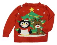 Červený sveter s tučňákem a sobom