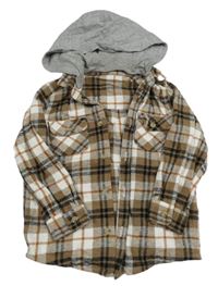 Hnedo-bielo-čierna kockovaná košeľová bunda s kapucňou Matalan