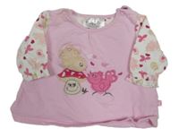 Růžovo-bílé triko s ptáčky a kytičkami Okay