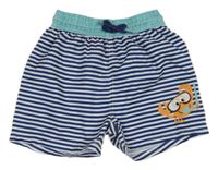 Tmavomodro-biele pruhované plážové kraťasy s krabom