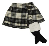 Nové - 2set - Černo-bílá kostkovsná vlněná skort sukně + černé punčocháče Next 