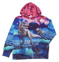 Modro-ružová mikina s dinosaurami a kapucňou