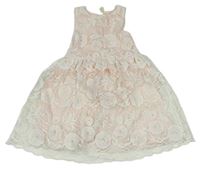 Průhledno-bielo-broskvové kvetované čipkové slávnostné šaty PRIMARK