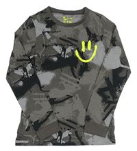 Tmavošedo-sivo-čierne army melírované pyžamové tričko so smajlíkom Tu