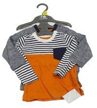 Nové - 2x - Triko - Oranžovo/bílo/tmavomodré melírované s pruhy a kapsou, tmavomodro/bílé melírované Mothercare