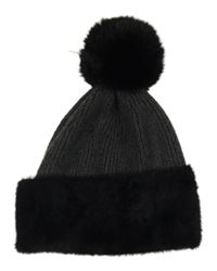 Šedo-černá melírovaná žebrovaná pleteno/kožešinová čepice s bambulí