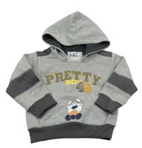 Sivo-tmavosivá melírovaná mikina s psíkom a číslom a nápismi a vreckom a kapucňou L&T