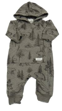 Kávová melírovaná tepláková kombinéza s medvídky a stromy a kapsou a kapucí newbie