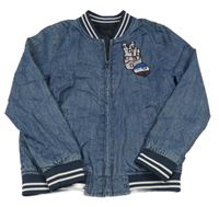 Modrý riflový jarní oboustranný bomber so smajlíkom a pruhmi IKKS