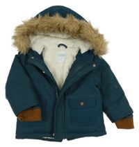 Petrolejová vzorovaná zimní parka s kapucí s kožešinou OBaïBi