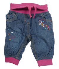 Modré cuff podšité rifle s nápisem a srdíčky a tmavorůžovým úpletovým pasem C&A