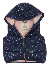 Tmavomodrá prešívaná šušťáková zateplená vesta s hviezdičkami a kapucňou F&F