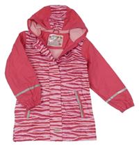 Růžovo-červeno-tmavorůžový vzorovaný nepromokavý jarní kabát se srdíčky a kapucí lupilu