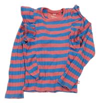 Modro-jahodové pruhované rebrované crop tričko s volánikmi WE