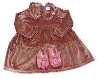 2set - Starorůžové třpytivé sametové šaty s límečkem + růžové puntíkaté capáčky s pruhy vel. 17