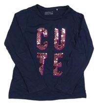 Tmavomodré triko s nápisem z překlápěcích flitrů Esprit