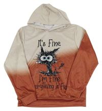 Béžovo-hnedá melírovaná mikina s mačkou a kapucňou