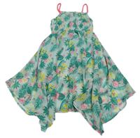 Mátové šifónové šaty s listami a papoušky Kiki&Koko