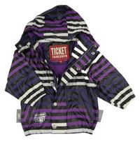 Tmaovmodro-fialovo-bílá pruhovaná nepromokavá jarní bunda s kapucí 