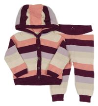 2 set - smetanovo-růžovo-vínový pruhovaný lehký propínací svetr s kapucí + tepláky Lupilu