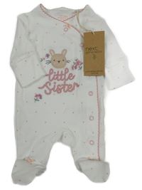 Nové - bílý puntíkatý overal s nápisem a králíkem Next