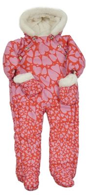 Ružovo-červená vzorovaná šušťáková zimná kombinéza s kapucí + rukavice Baker