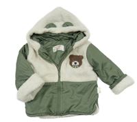 Bílo-zelená šusťáková/huňatá zateplená bunda s medvědem a kapucí 